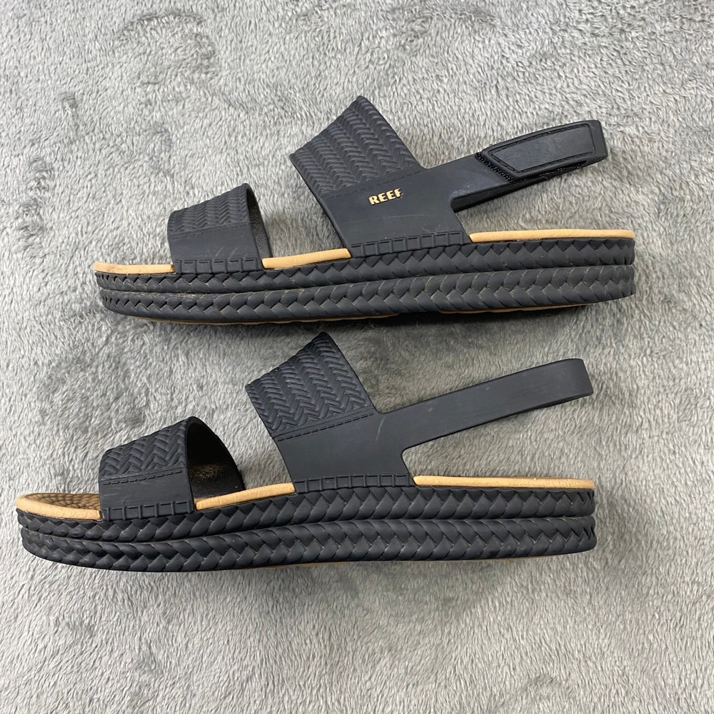 Reef Vista Water Sandals Womens 5 Black Tan Woven Straps Backstrap Boho Beach - Picture 5 of 10